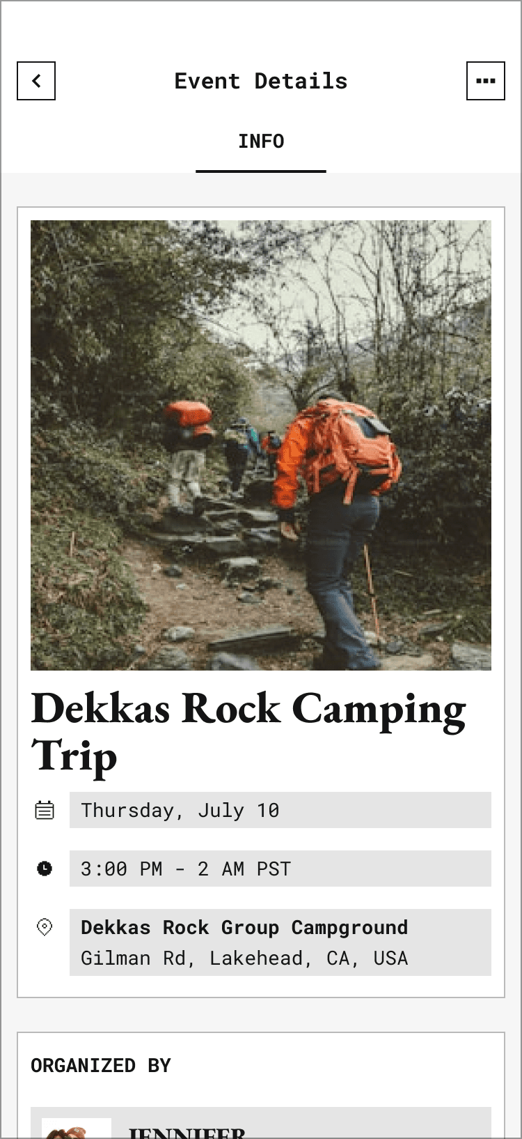 Freddie events screen showing the Dekkas Rock Camping Trip event details